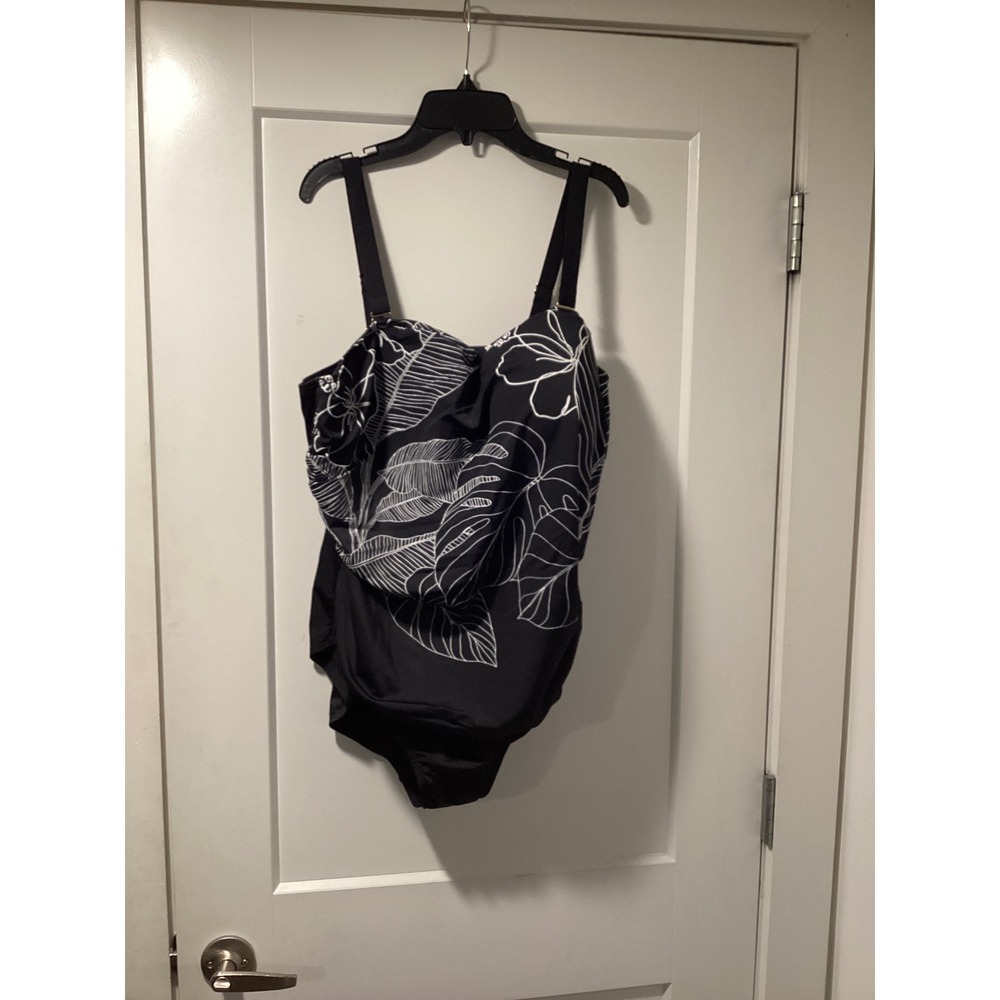 Black Tropical Floral Blouson One Piece Swimsuit Plus Size 22 Adjustable Straps